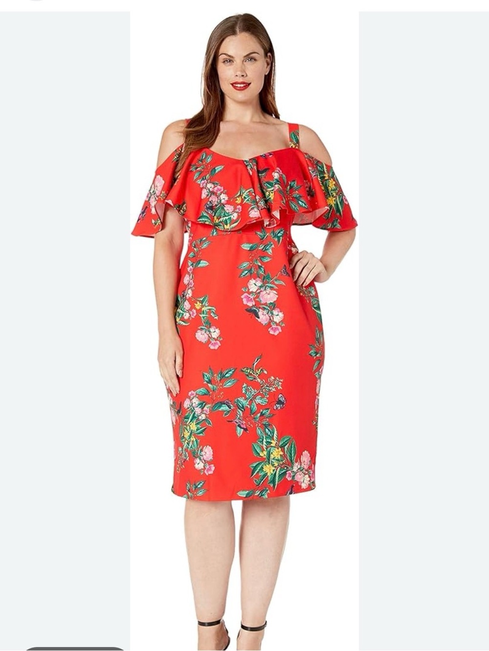 NWT Rachel Roy Cold-Shoulder Floral Ruffle Midi Dress in Red Tropical Vacation